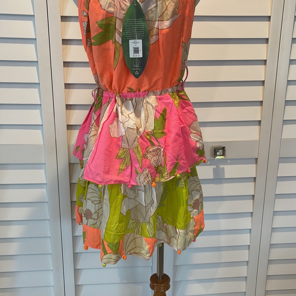 Farm Rio NWT Mixed Neon Garden Mini Dress with side adjustable drawstrings. - Picture 10 of 13